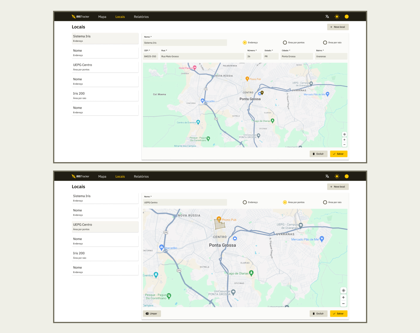 Iris Tracker - cadastro de locais